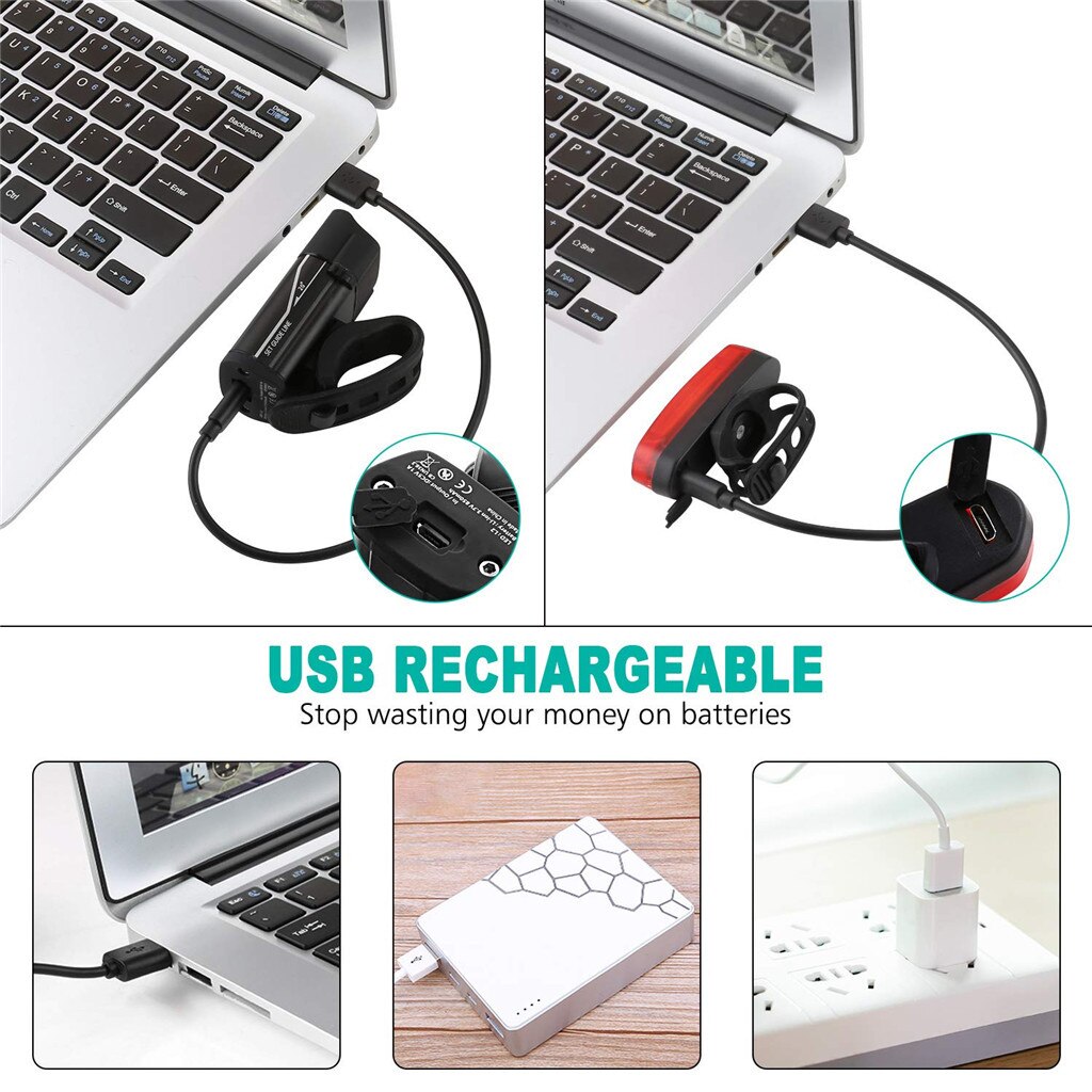 Fiets Licht Usb Oplaadbare Waterproof Fietslicht Set Fietsen Front Light + Achter Licht Weg Mountainbike Zaklamp