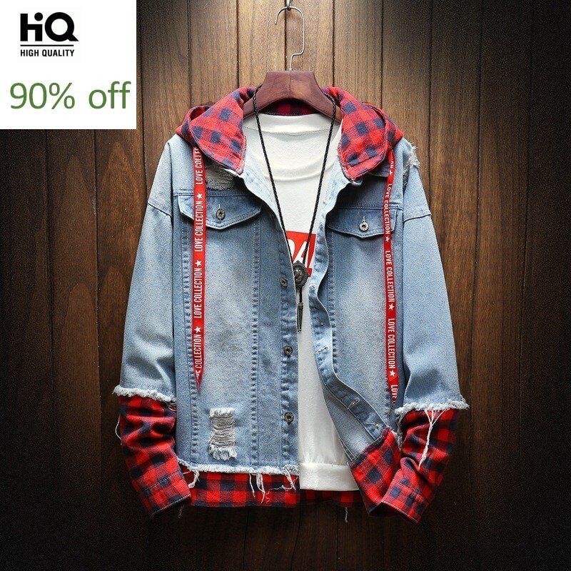 Mens Plaid Patchwork Hoody Denim Jasje Gat Geript Casual Cowboy Streetwear Jean Jas Hip Hop Loose Fit Mannelijke Jas 3XL