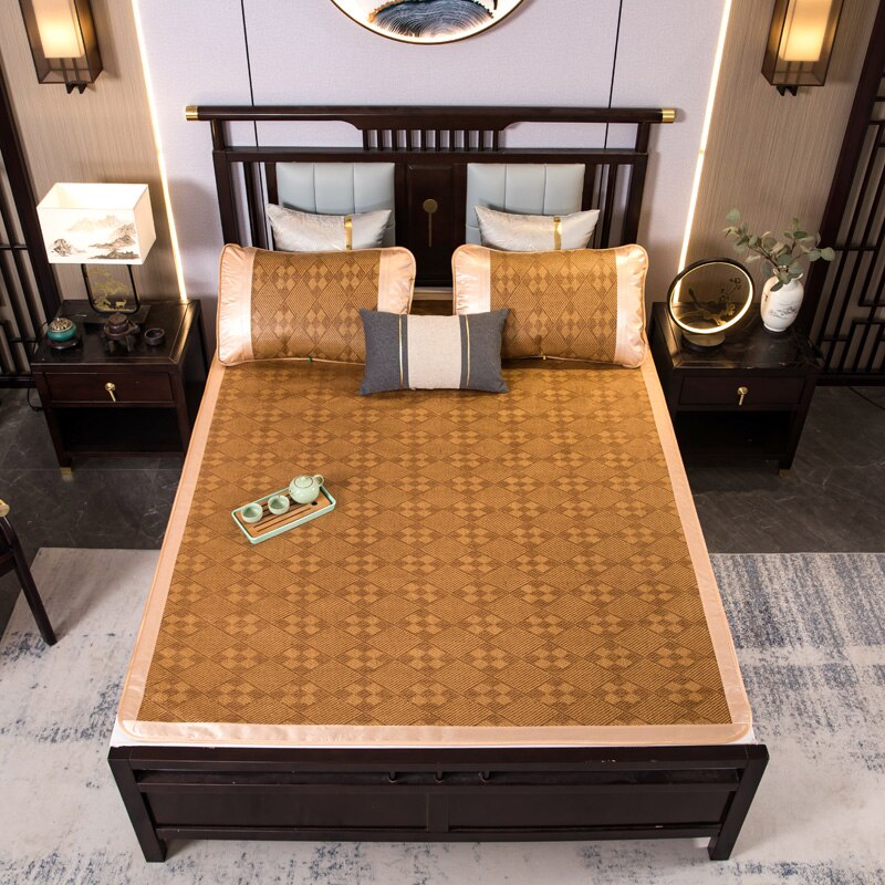 Juego de sábanas ajustadas con rejilla, alfombra moderna de ratán/paja de café, colcha de fibra de celulosa regenerada para dormir, para verano,: Fashion grid / 180x200cm 3pcs