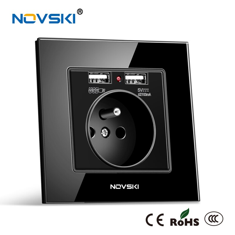 NOVSKI French Power Socket, Electrical French Outlet, 2.1A Dual USB Charging Port with Soft LED Indicator, White, Black, Gold