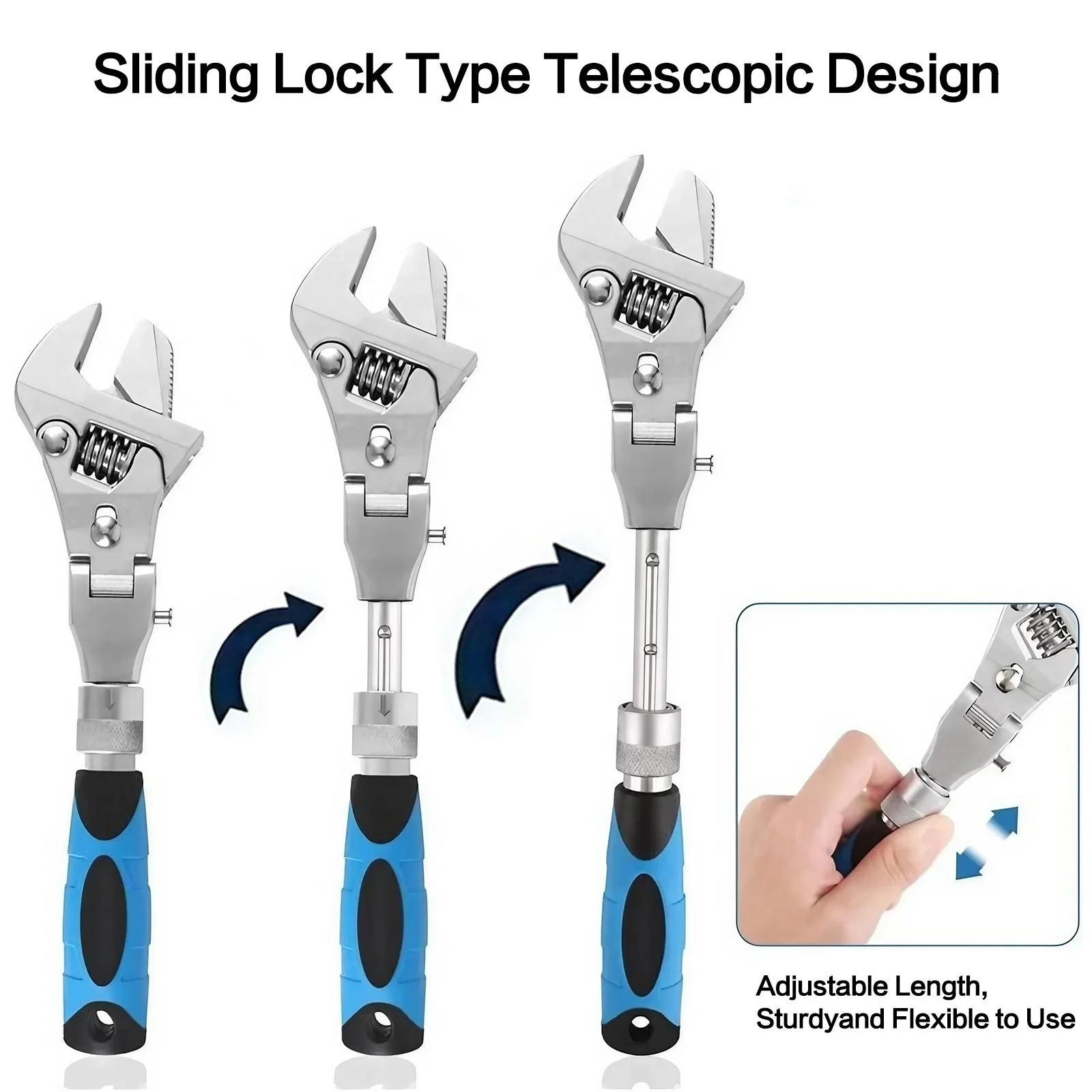 Llave de trinquete ajustable 5 en 1, herramienta de acero inoxidable con cabezal giratorio para fontaneros mecánicos, herramienta manual extensible resistente a la oxidación DIY