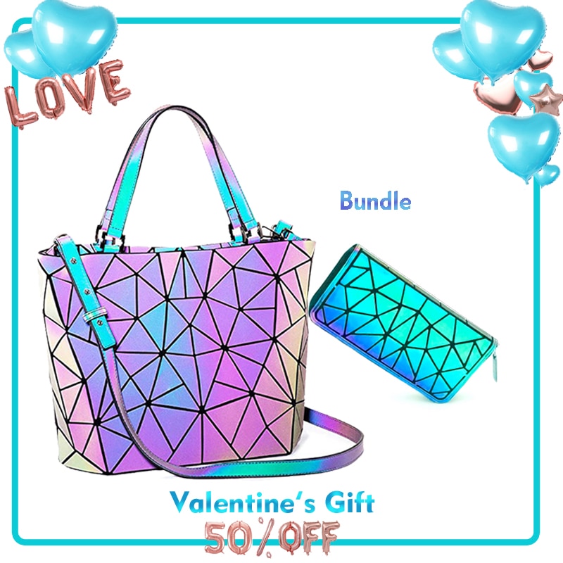 Women's Shoulder Bags Luminous Top-Handle Hologram Geometric Female Wallets and Purse luxury Sets
