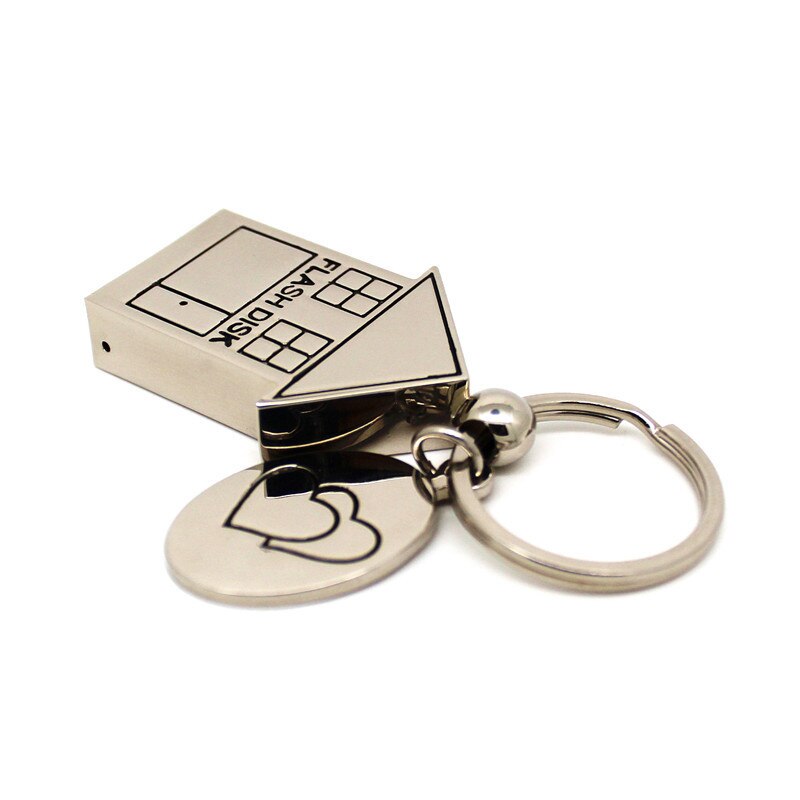 Silver metal lovely Keychain Pendrive house Shape USB Flash Drive 4GB 8GB 16GB 32GB Memory stick Pen Drive 64GB u disk