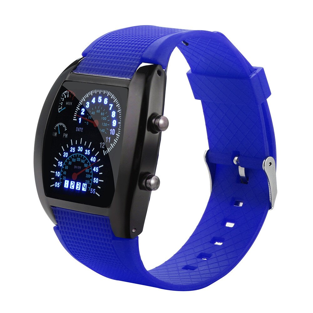 watch men LED Light Flash Turbo Speedometer Sports Car Dial Meter Watch Luxury watch chargeable Relogio Masculino: Blue