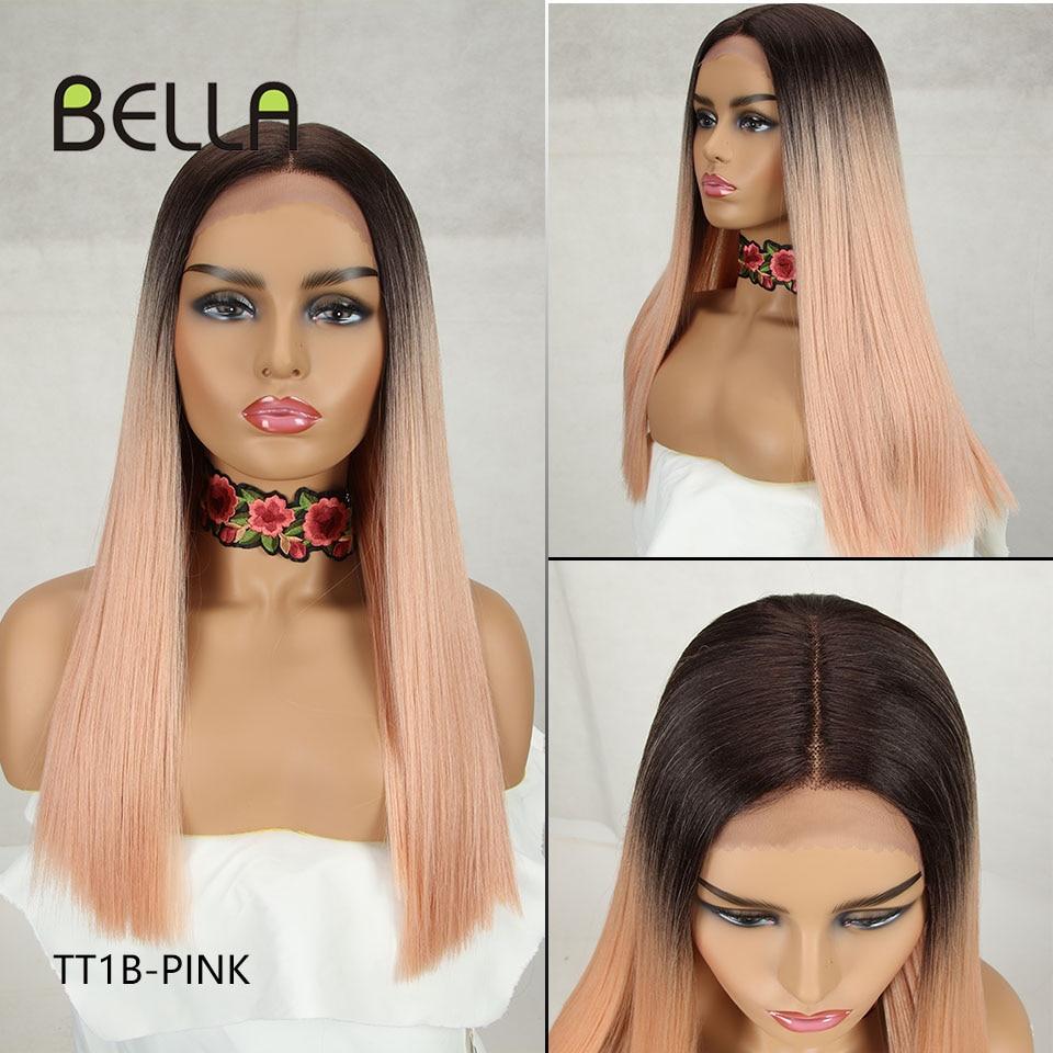 Bella Longue Droite Ombre Bleu & Vert Rose Blond Violet Violet Noir Bleu vert cheveux pièce 7 couleurs Résistant À La Chaleur Synthétique Dentelle Perruques Pour Les Femmes 20 pouce partie médiane droite colorée perruq