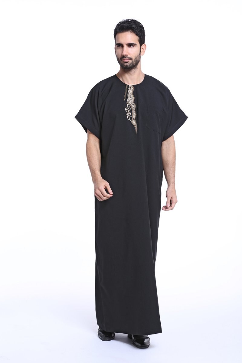 Islamitische kleding voor mannen, arabische borduurwerk abaya, grote maten dubai, heren kaftan met korte mouwen, jubba-kleding: Zwart / M