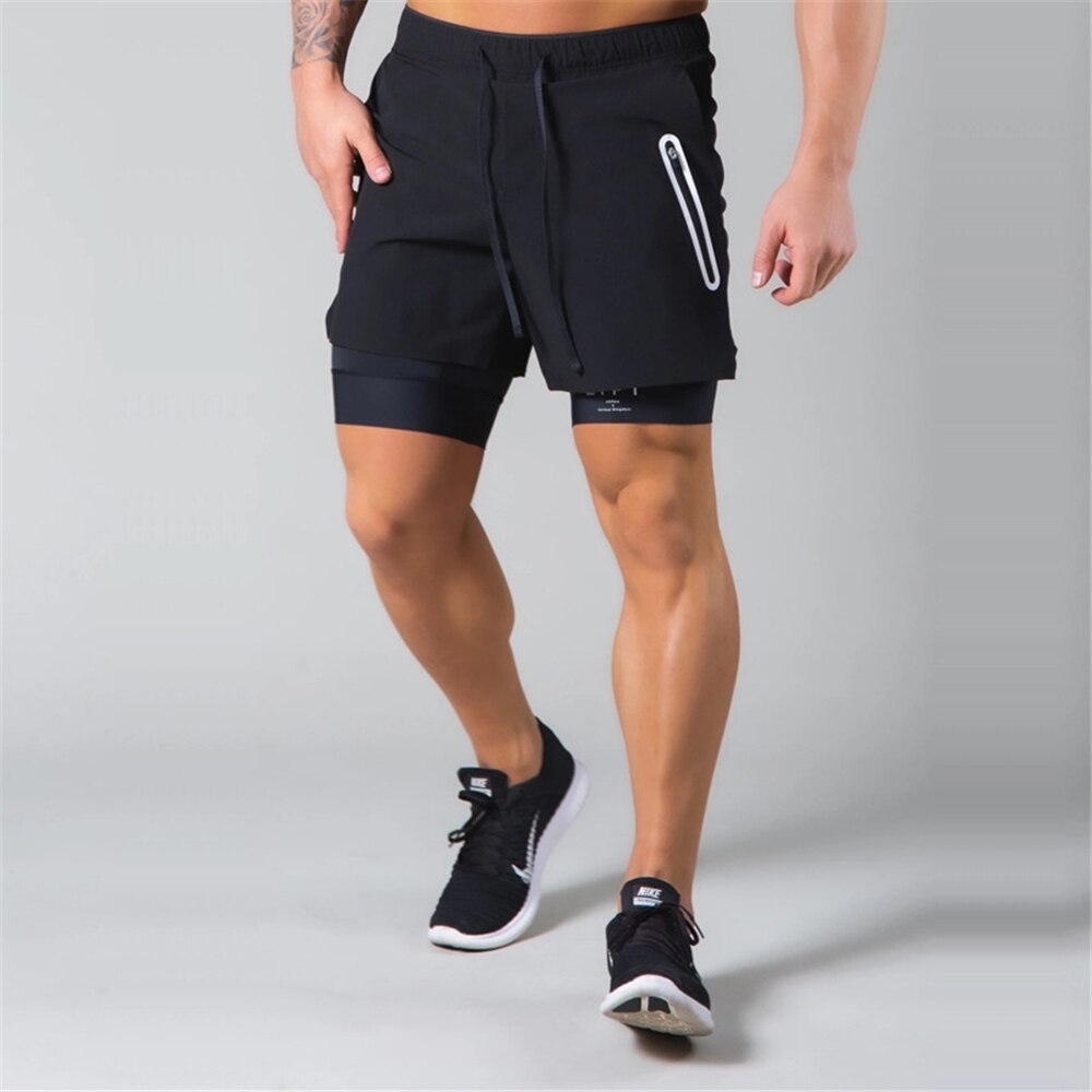 Short 2 en 1 avec Legging, pantalon de Jogging, de sport, de loisirs, d'entraînement en plein air, avec poches à fermeture éclair, Style: Black / M