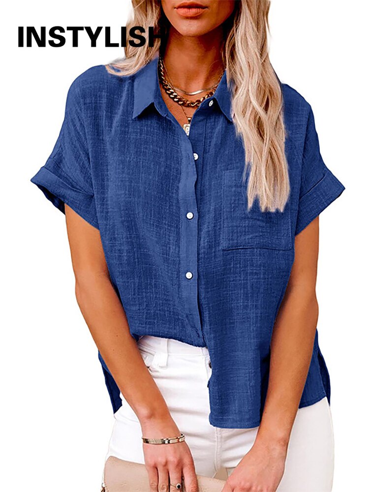 Casual Solid Short Sleeve Cotton Linen Loose Blouse Vintage Harajuku Oversized Shirt Tunic Summer Tops Women