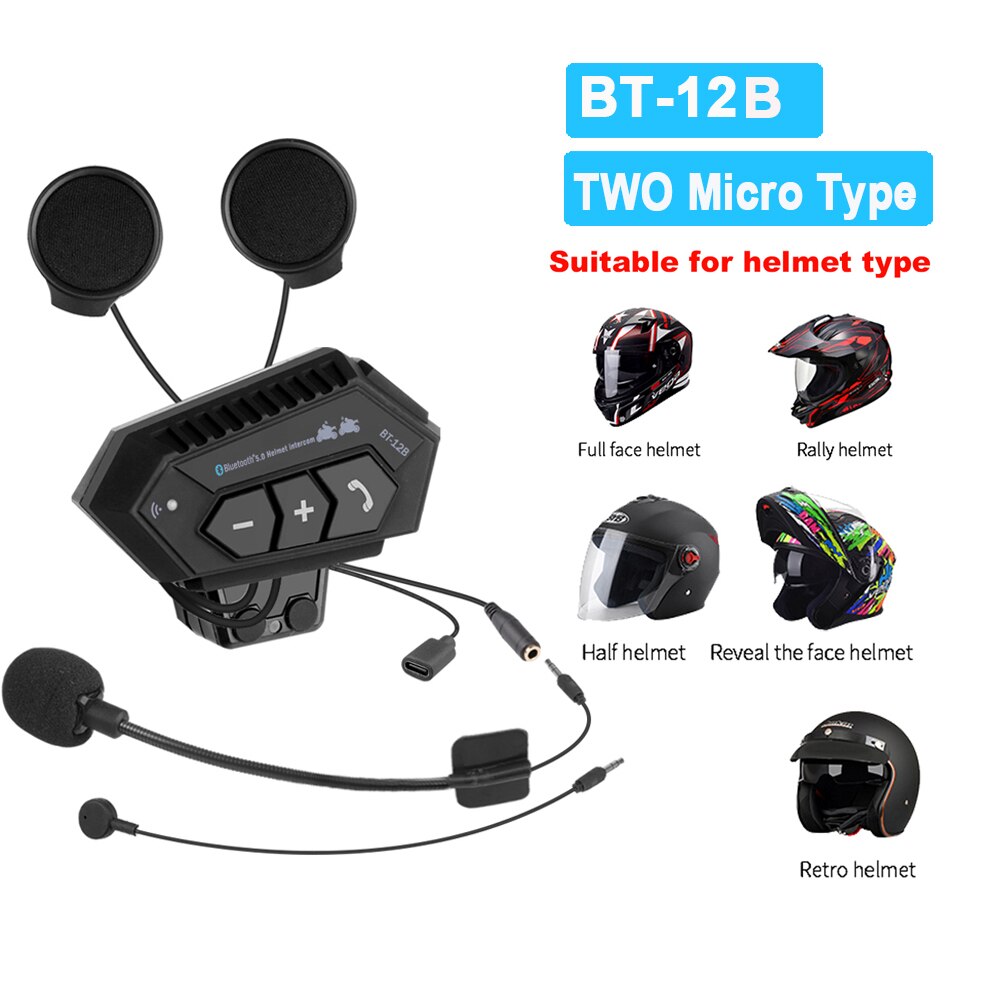 2000mah Battery BT-12B Motorcycle Helmet Intercom Bluetooth 5.0+CSR Headset Handsfree For Full/Half Face Helmet PK BT-12/12S: BT-12B Intercom