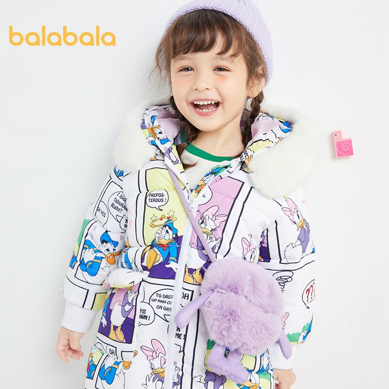 Balabala Girl cotton jacket winter children fur collar warm jacket casual hooded down jacket