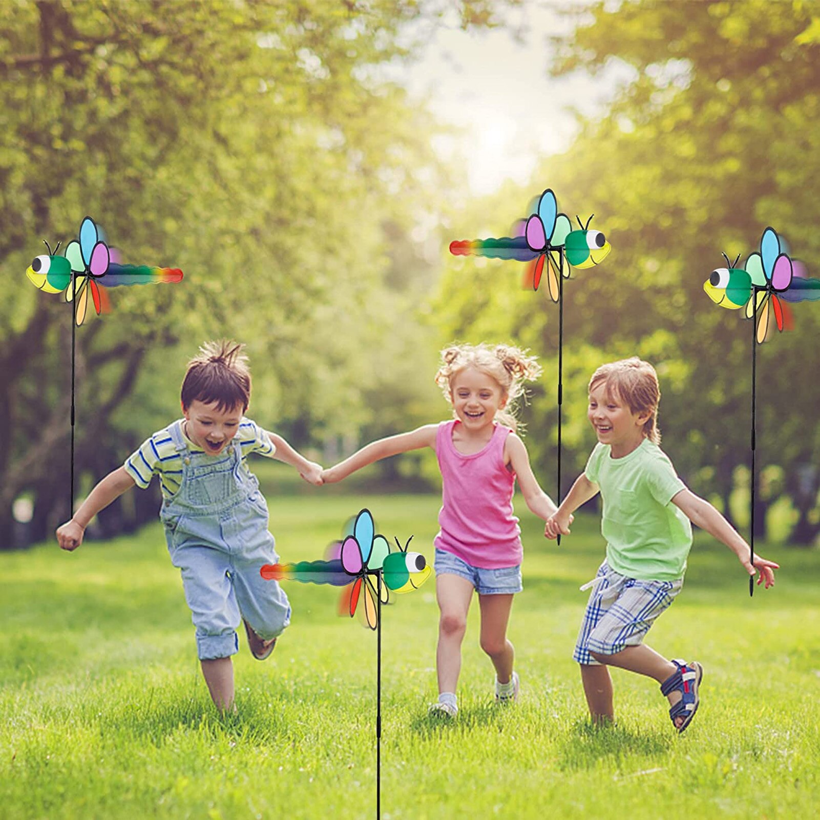 Plastics Rainbow Pinwheel Cartoon Dragonfly Wind Spinner DIY Lawn Wind Spinner For Outdoor Party Yard
