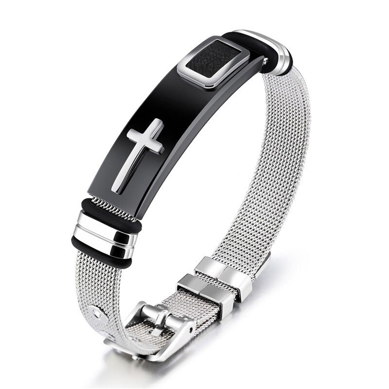 ZORCVENS – ceinture en maille d&#39;acier inoxydable pour hommes, 12mm, Bracelet de montre, croix, breloque, chrétien, fermoir à boucle réglable: 80543