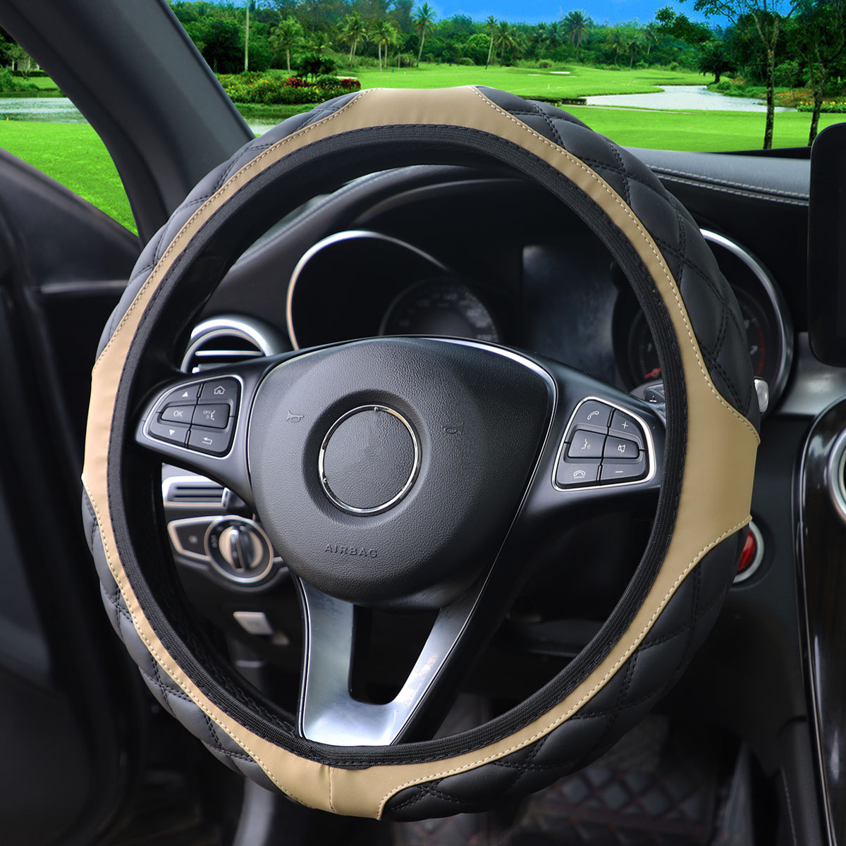 1 Leder-Stereo-Lenkradbezug mit Stickerei, bequem, rutschfest, ohne Innenring für 14,1-15-Zoll-Autos: Beige