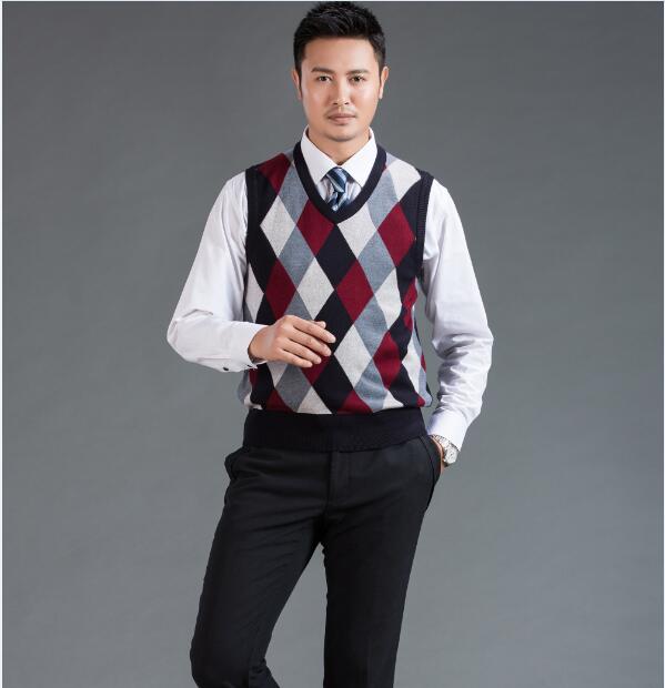 Mens Autumn Argyle Sleeveless Sweater V Neck Man Woo Clothes Knit Vest
