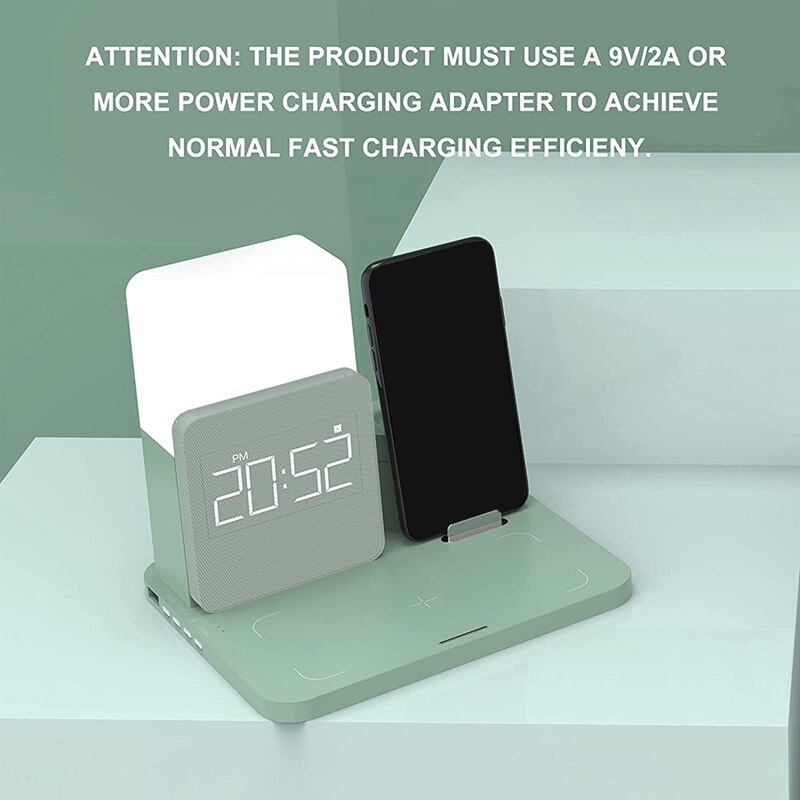 Estación de carga inalámbrica 6 en 1 con lámpara de mesita de noche y reloj despertador, 10W, Compatible con iPhone y Samsung