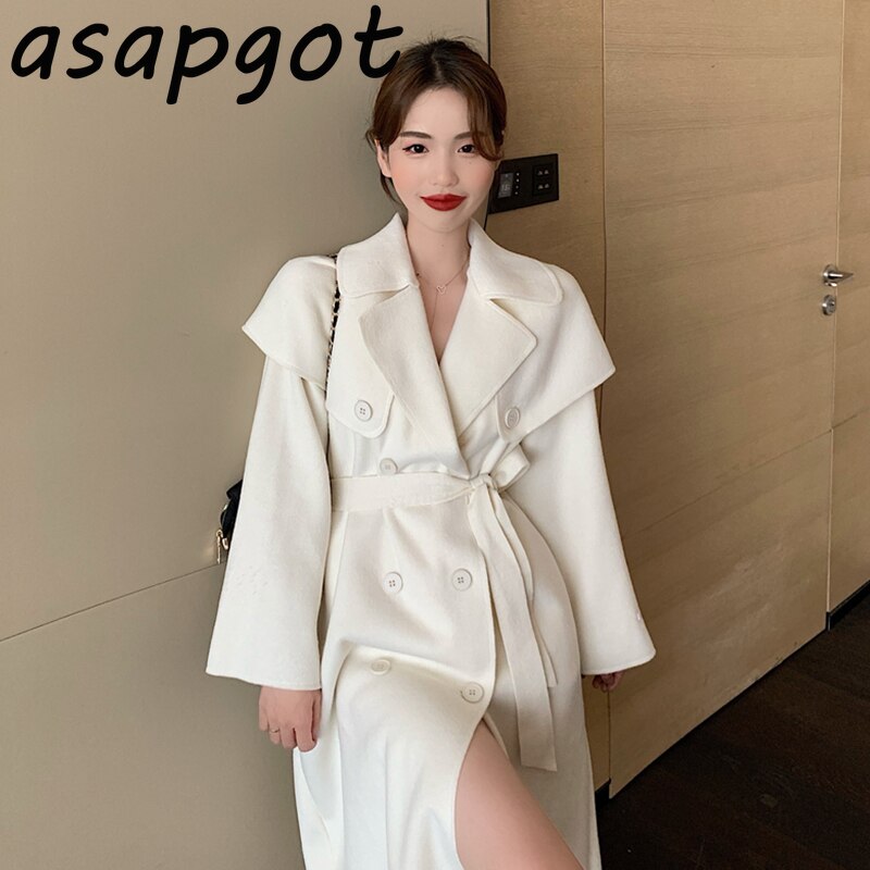 Chic Vintage blanc revers Double boutonnage Trench femmes à lacets longues taille manteau de laine automne hiver tempérament en vrac