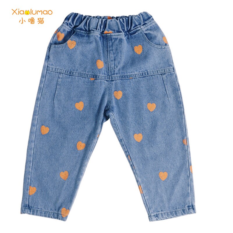Baby piger jeans hjerte print denim bukser til piger elastisk talje børne jeans med hul efterårs nyhedstøj til  i3-8y