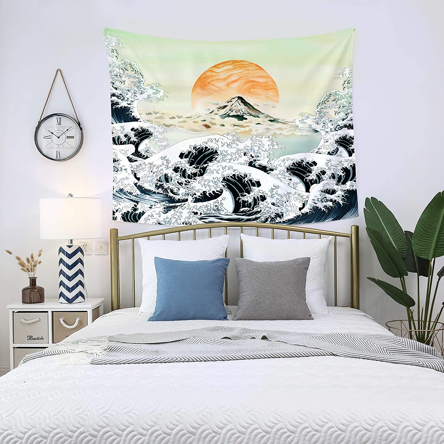 Tapices japoneses para colgar en la pared Original, dibujo a mano, dibujo artístico, ola de mar, atardecer