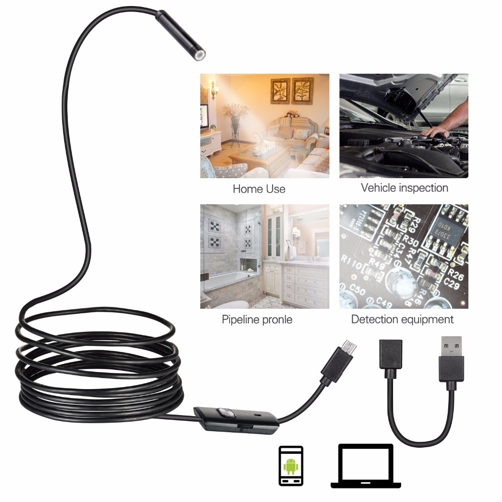 1/2/5m/10M 8mm Hard Flexible Cable USB Endoscope Camera For PC Laptop Smart Android Phone Borescope Inspection LED Light