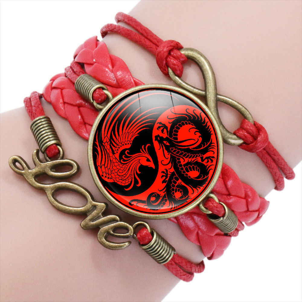 Tai Chi Decor PU Bracelet Yin-Yang Tai Ji Multi-Layer Alloy Wrist Jewelry Knitting Rope Adjustable Length for Men Women AUG889: VERMEIL