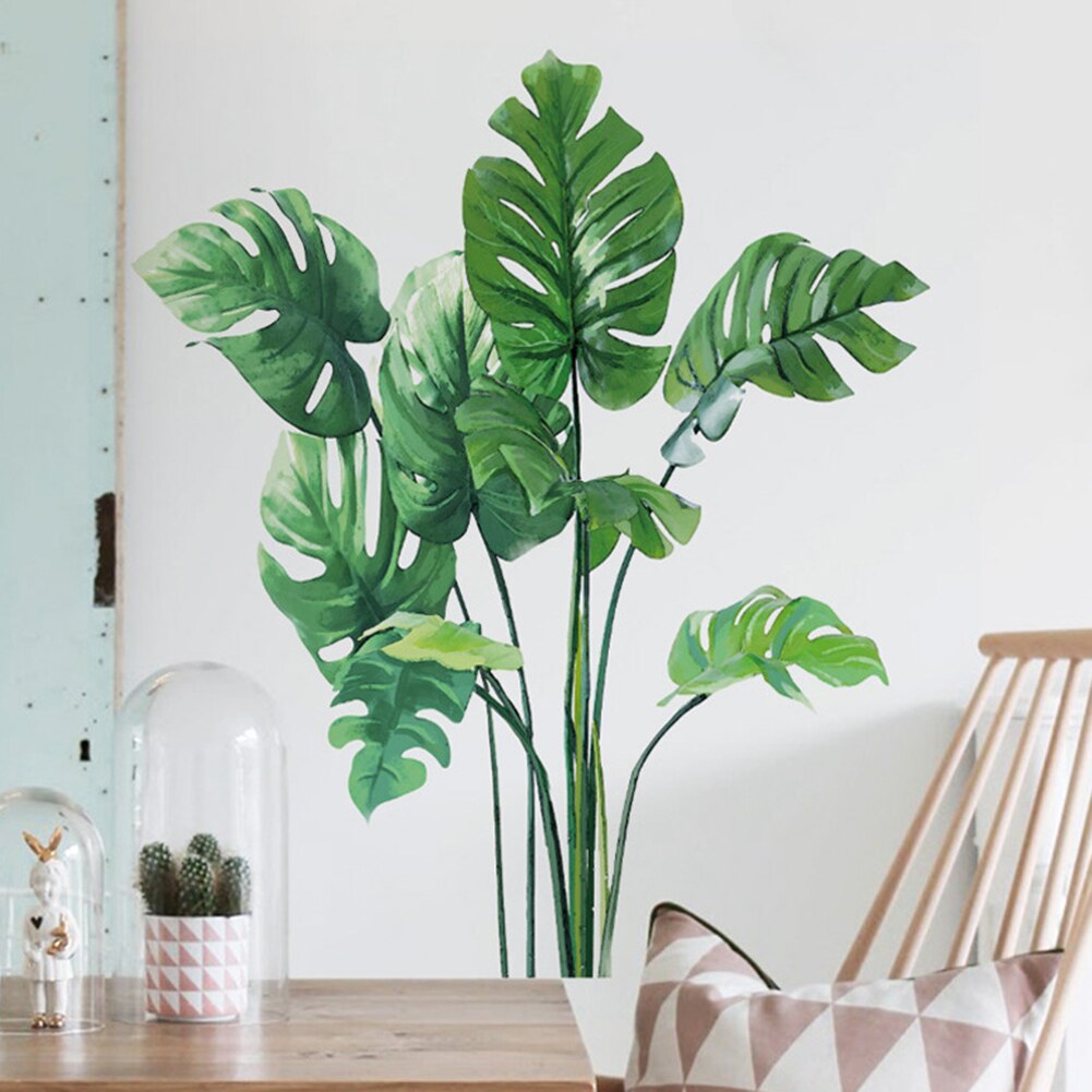 Adhesivo para Mural de pared de planta verde con hojas tropicales, adhesivo para sala de estar