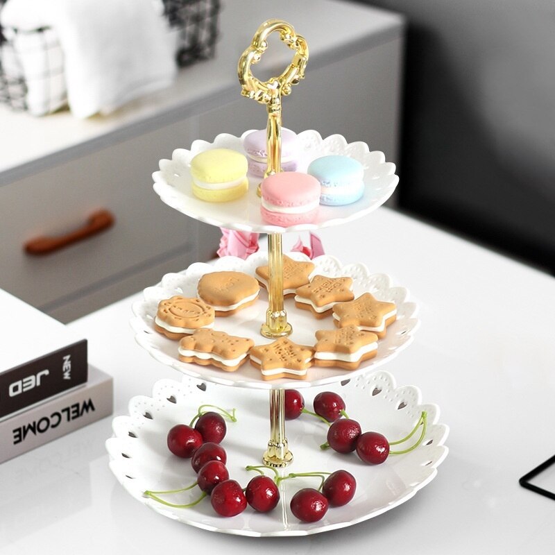 Bandeja para tartas, postres, platos estilo explosión, bandeja de plástico multicapa para fiestas de Boda europea, bandeja para fruta de tres niveles, bandeja para golosinas: Blanco