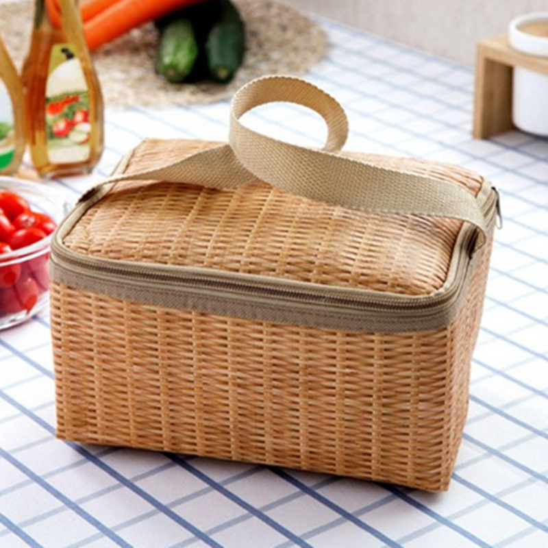 Rattan Waterproof Thermal Insulation Lunch Bag Portable Picnic Food Storage Container Large