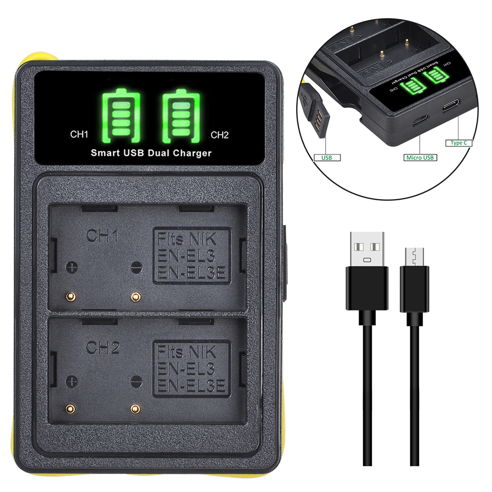 EN EL3e batteria EN-EL3e + caricatore incorporato USB e type-c per Nikon D80 D700 D90 D300S D200 D70 D50 D100 D300 DSLR: 1x Charger