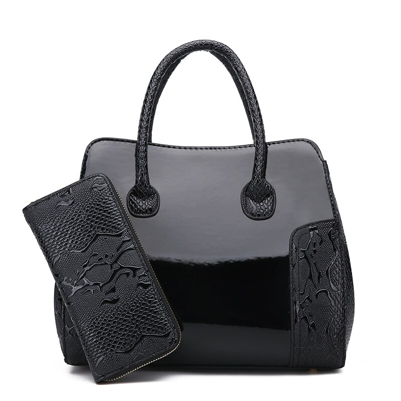 Luxe en cuir verni femmes sac à main 2 ensembles dames Composite sacs sacs de messager dames portefeuille sac à bandoulière: Black