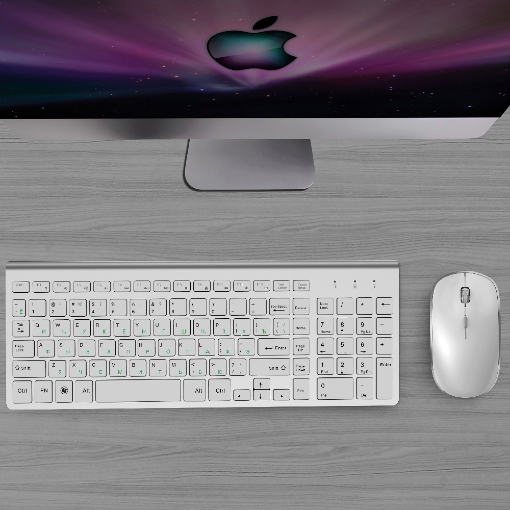 Russian layout 2.4G Wireless Keyboard and Mouse Set,Ergonomic USB Portable slim , full size Keyboard Mouse silver white