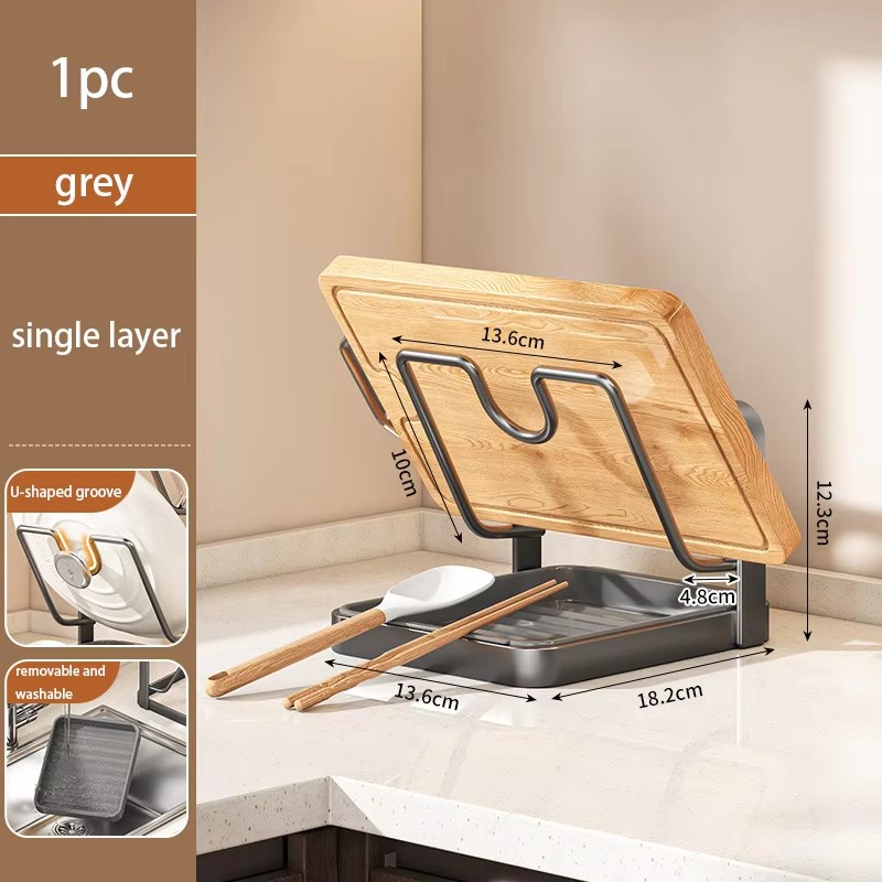 Kitchen Countertop Pot Lid Organizer Household Storage Drain Chopping Board Shelf Punch-free Storage Rack: Light Grey