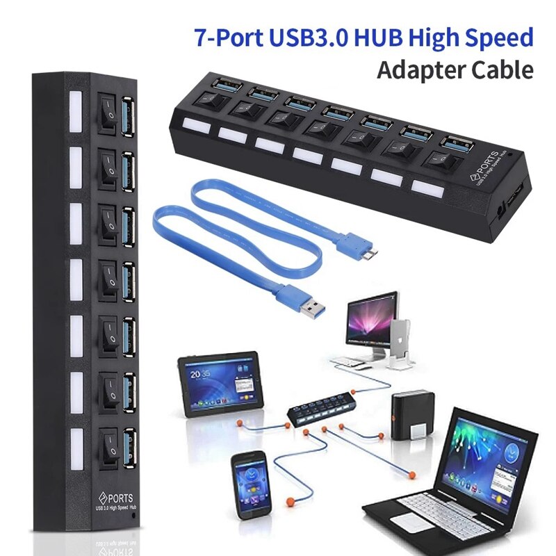 Expansor de 7 puertos USB 3,0 HUB USB Splitter, expansor de 7 puertos con interruptor para PC