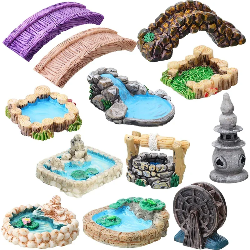 1/20 Uds Micro adorno de paisaje faro en miniatura puente de pozo de agua casa Vintage artesanía de jardín DIY Mini figuritas de decoración del hogar