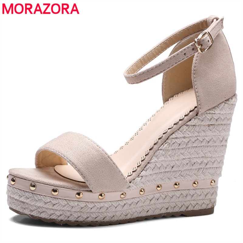 MORAZORA wedges sandals women rivets platform footwear buckle strap wedge high heels woman sandals ladies shoes