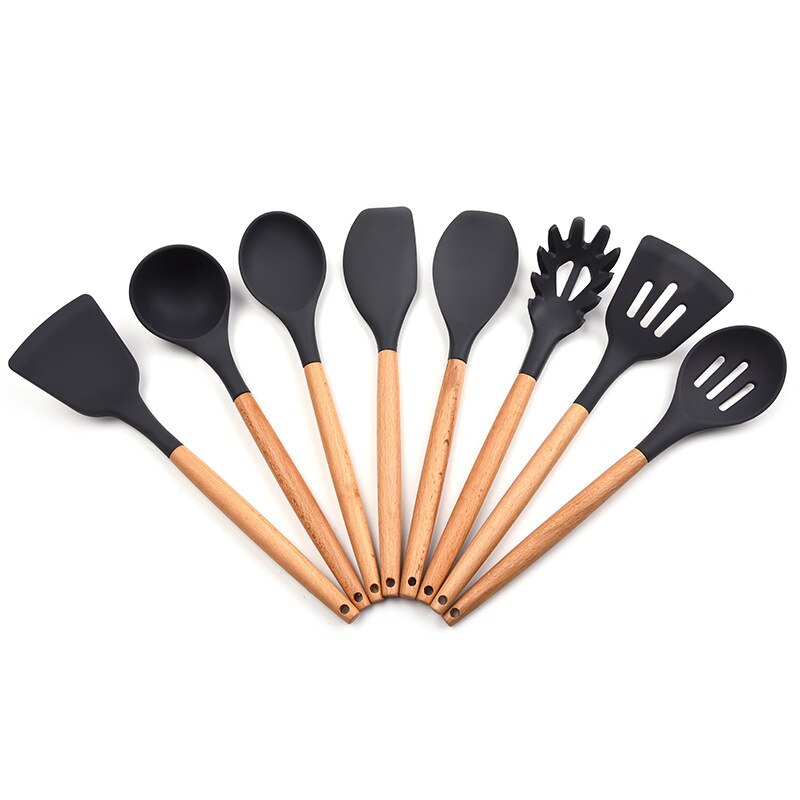 8-piece silicone kitchenware set with wooden handle nonstick silicone spatula kitchen tool silicone cooking kitchenware set