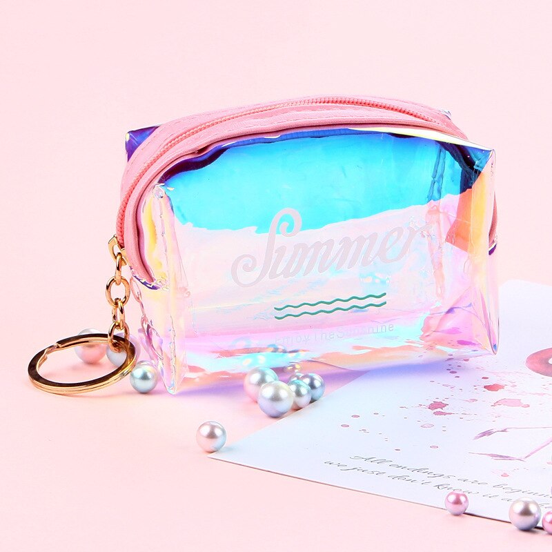 FUDEAM, monedero transparente de PVC con cremallera para mujer, Mini llavero adorable para niñas, cuadrada, monedero, bolsa para auriculares con Cable USB: Summer Pink