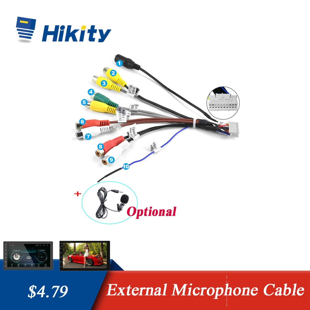 Hikity android radio biltilbehør rca output wire ekstern mikrofon adapter universal kabel til 2 din bil radio rca output