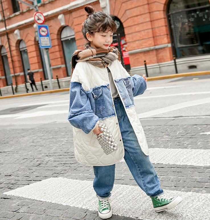 Baby Meisje Denim Patchwork Katoen Jassen Kinderen Herfst Winter Dunne Lange Outfit Tiener Warme Katoenen Jas Korea Stijl Wz492