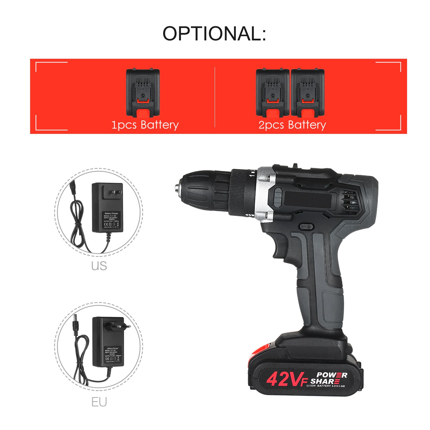 21V Cordless Drill Dirve Tool Kit Electric Copper Cordless Power Hand Drill Fast Charger Torque Setting Max Torque 30N.m 3/8