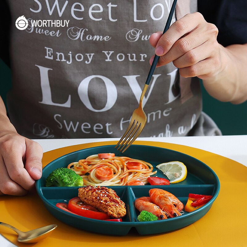 WORTHBUY Compartment Plate For Food Round Plastic Dinner Plates Kitchen Divided Plate Fruit Salad Plate Food Tray Dinnerware