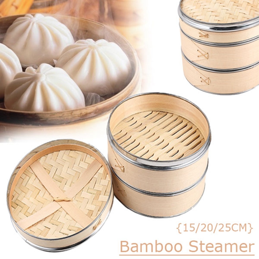 Stainless Steel Edging Bamboo Steamer Dim Sum Dishes Fish Steamer Rack Instant Pot Steamer Basket Wooden Steamed Buns Cookware
