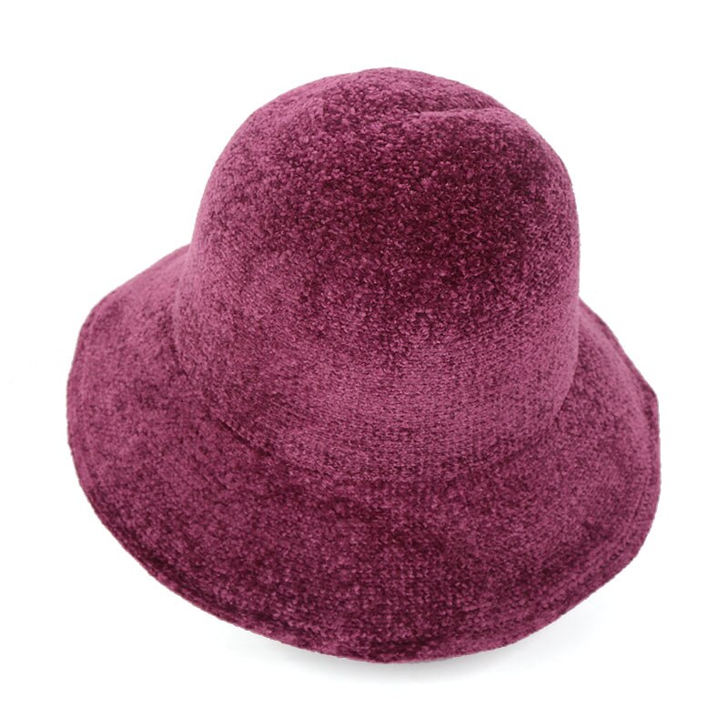 Vinter bred birm varm pels spandhue kvinder koreansk vintage filt chenille foldbar kuppel panama trilby hat sort fiskeri hat: Mørkerød