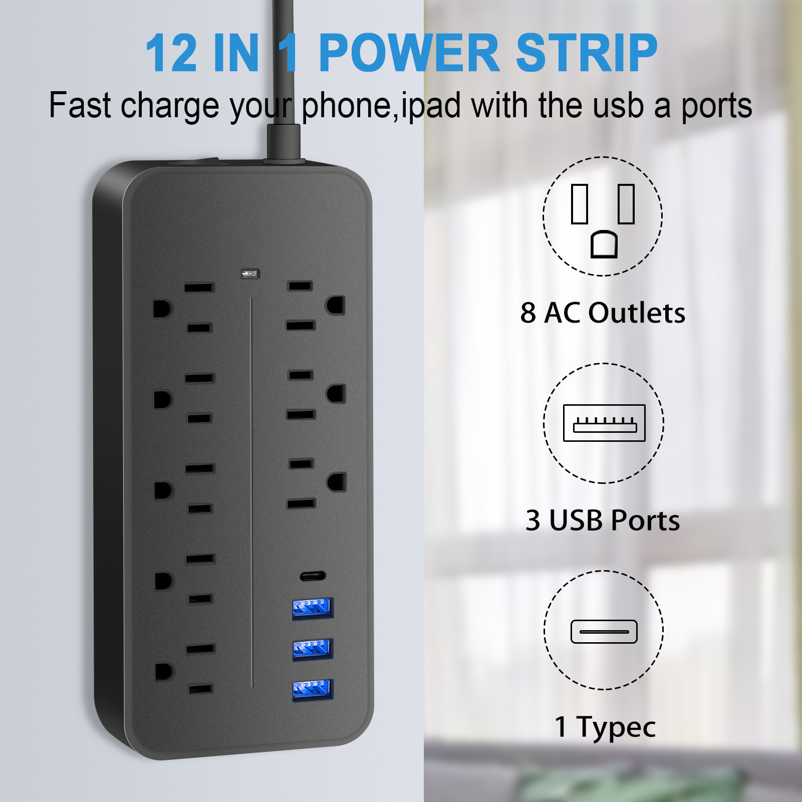 Regleta de alimentación con puertos USB C, enchufe de EE. UU., tomas de CA, cable de extensión de enchufe eléctrico multitoque, adaptador de filtro de red de carga rápida