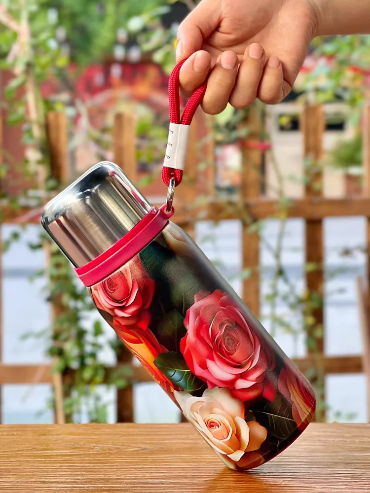 Retro and Bustling High-value Insulated Cup with Rose Pattern Double-layer Water Cup Car Portable Drawstring Stew Cup