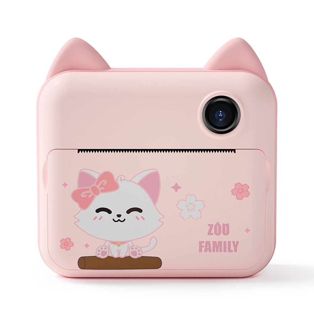 Cartoon bambini stampa istantanea videocamera HD 1080P fotocamera per stampa termica videocamera per bambini videoregistratore VLOG fotocamera digitale giocattolo: Pink cat