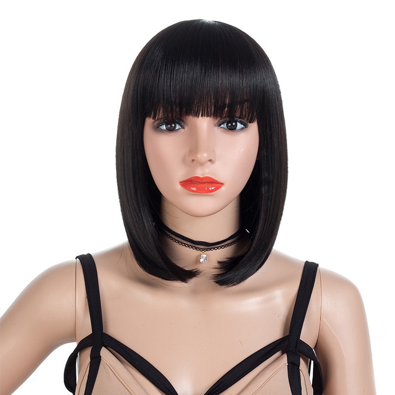 Perruques courtes marron perruques courtes Style Bob perruque de femmes noires synthétiques droites avec frange 12 pouces perruque Blonde cheveux doux
