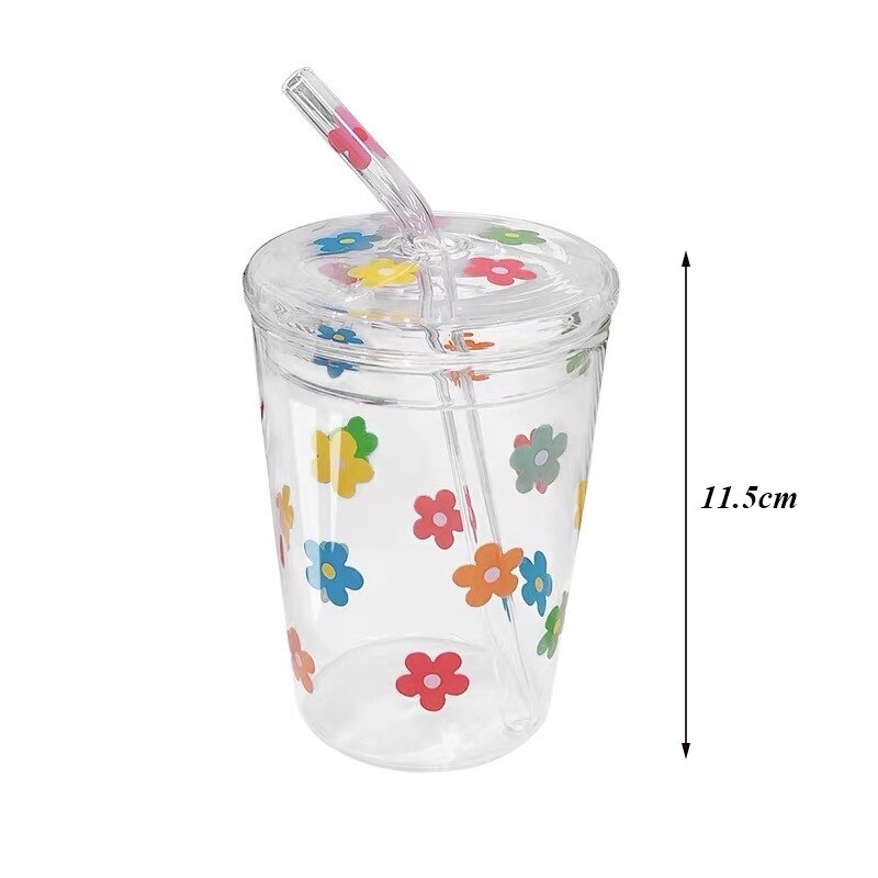 High Borosilicate Glass Colorful Flower Coffee Mug with Straw and Lid Transparent Drinking Milk Tea Cups Drinkware: A