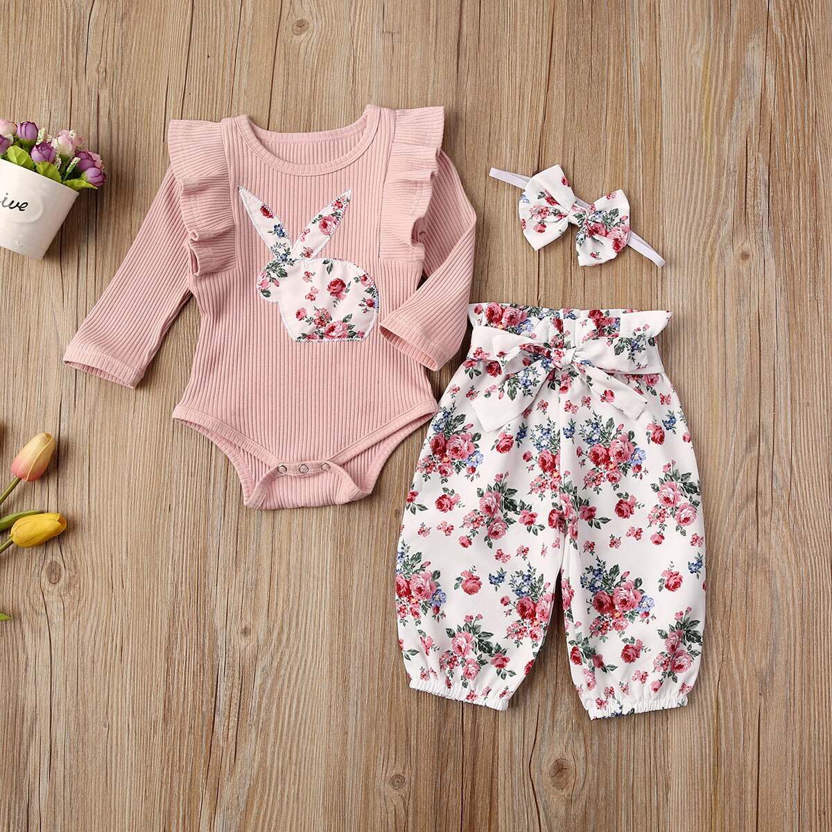 Baby Zomer Kleding Peuter Kids Baby Meisje Outfits Kleding Bunny Bloemen Romper Tops + Bloemen Broek Hoofdband 3 Pcs set