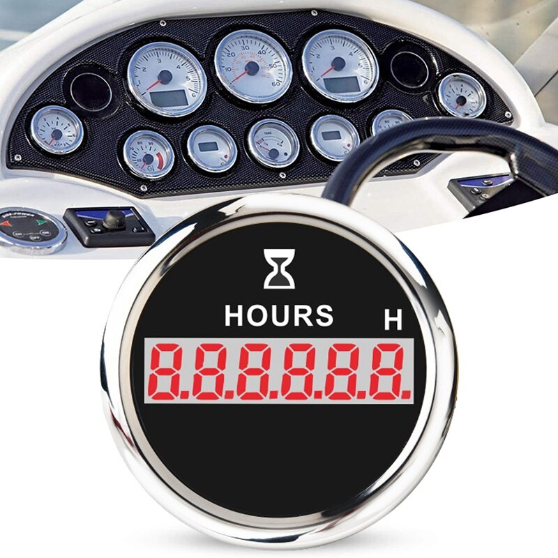 52mm Digital Hour Meter Gauge 0-99999.9H Universal Stainless Steel Hour Meter Indicator Red Backlight with Alarm: Black