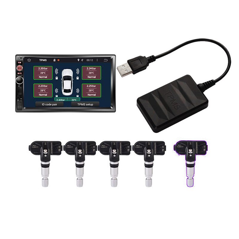 USB Spare Tire Pressure Monitoring System TPMS Built-in 5 Sensors Real-Time Display for Android Navigation